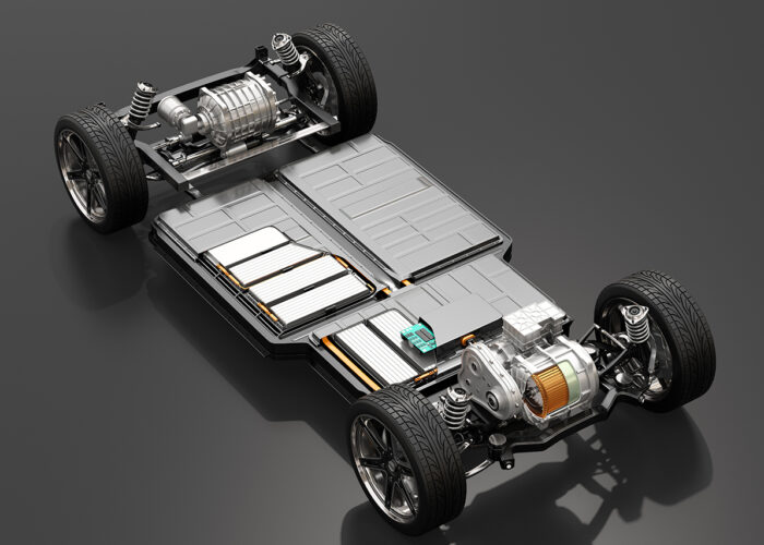3D-Rendering: Chassis, Batterie und Antrieb eines E-Autos