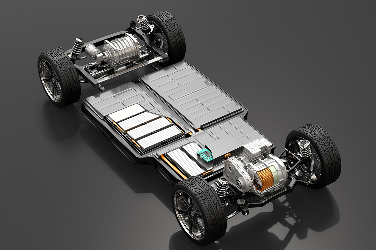 3D-Rendering: Chassis, Batterie und Antrieb eines E-Autos