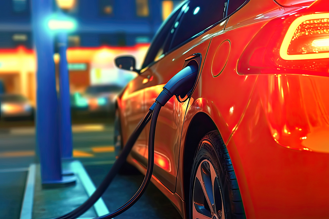 Ein Elektroauto wird nachts ans Stromnetz angeschlossen, um die Batterie aufzuladen.