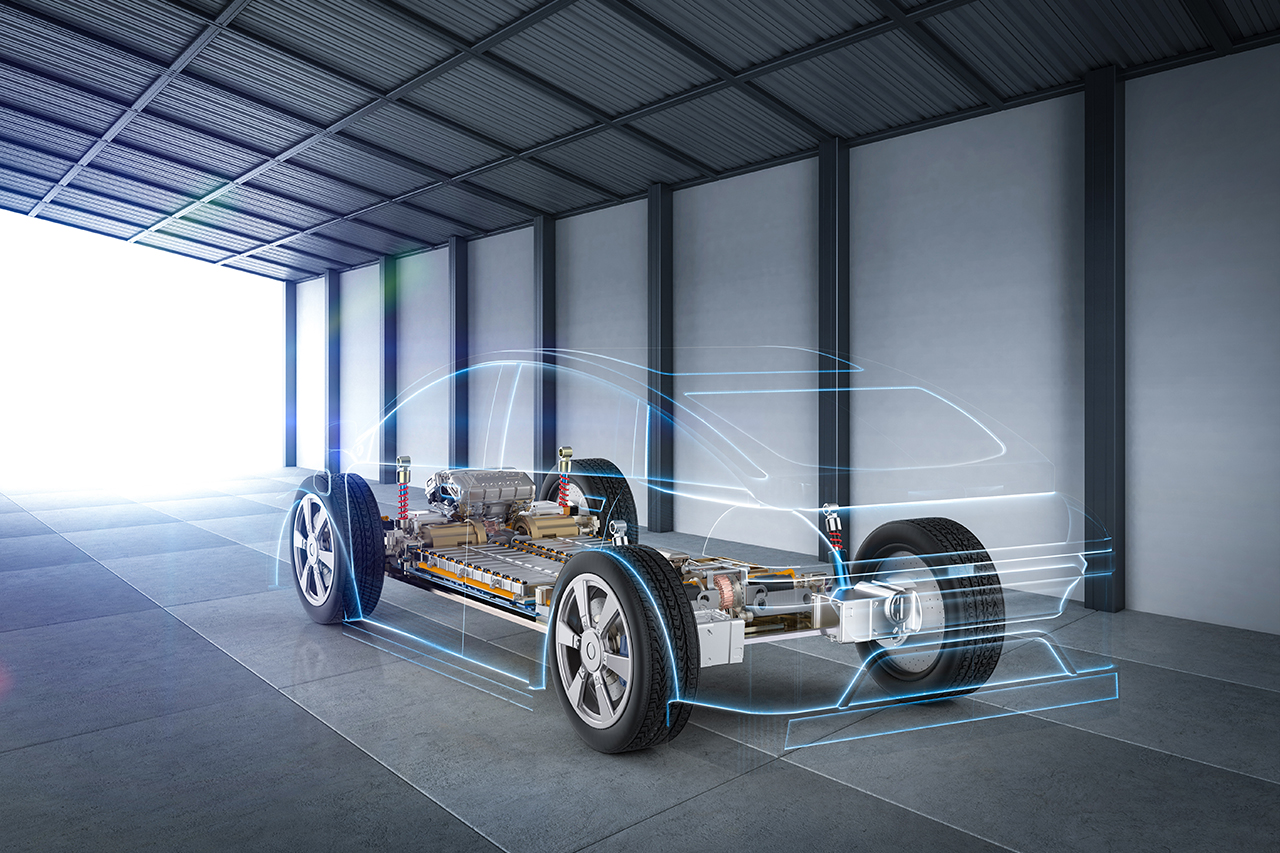 3D-Rendering eines Elektroautos: E.Motor, Batterie, Antrieb