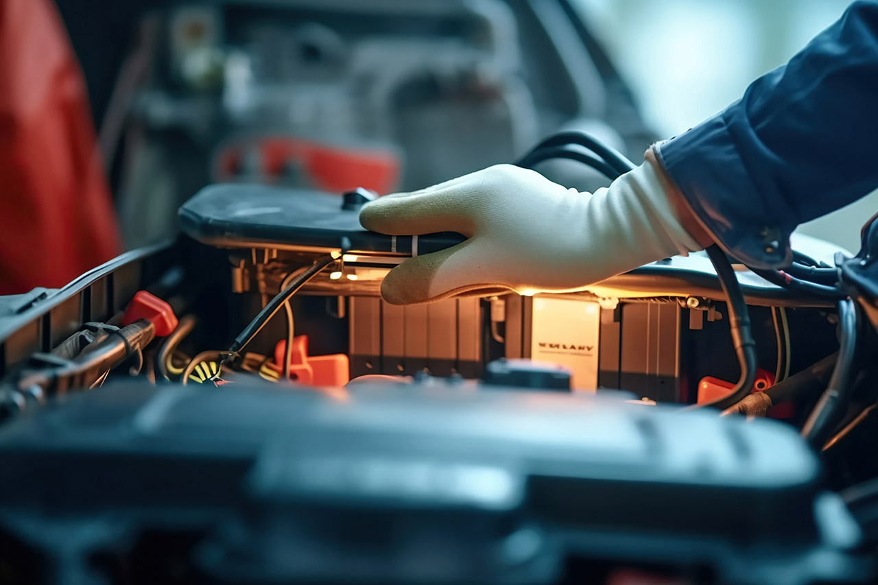 Techniker arbeitet an einem Elektromotor eines E-Autos